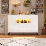 Buffet blanc salon avec clairage led 140 x 30 x 94 cm commode moderne avec 3 tiroirs et 5 portes pieds ...