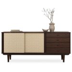 Buffet en bois simona l 175 cm coloris noyer avec 4 tiroirs 2 portes coulissantes pour salon ou salle ...