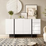 Buffet brillant buffet de cuisine avec 2 portes et 4 tiroirs pour salon et cuisine 150x40x805 cm blanc ...