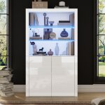 Buffet canap� 100 x 35 x 170 cm armoire de rangement brillante vitrines avec �clairage led �tag�re en ...