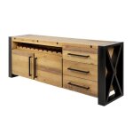 Buffet cavara 195 cm ? pin massif brun vintage et m�tal noir ? 2 portes 3 tiroirs et range - bouteilles ...