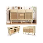 Buffet ch�ne avec 3 tiroirs et 3 portes coulissantes en rotin pieds bois massif poign�es m�tal dor� �tag�res ...