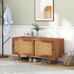 Buffet commode armoire � chaussures en rotin avec 2 portes et �tag�res r�glables noyer