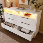 Buffet commode avec �clairage led et 6 tiroirs compartiment de rangement avec grain de marbre blanc