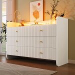 Buffet commode avec �clairage led et 6 tiroirs design ondul� 120x40x75cm blanc
