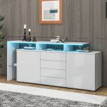 Buffet commode led blanc brillant meuble salon avec panneaux lumineux rangement mural et plaque haute ...