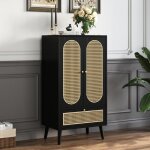 Buffet compact rotin noir 2 portes 1 tiroir 60x40 x1105 cm - meuble salle � manger haut rangement polyvalent ...