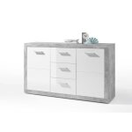 Buffet contemporain en panneaux de particules d�cor b�ton et blanc brillant - stone