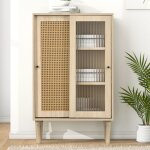 Kodise buffet de cuisine - avec porte en rotin et porte coulissante en verre - 6 �tag�res - pieds en ...