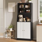Buffet cuisine armoire de cuisine avec porte vitr�e et �clairage led vaisselier meuble de rangement pour ...