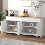 Buffet de cuisine blanc 160cm - 4 portes + 3 tiroirs �tag�res ajustables & style campagne chic - meuble ...