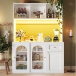 Buffet de cuisine - blanc brillant - buffet bahut de salon - contemporain - 5 portes 1 tiroir - eclairage ...
