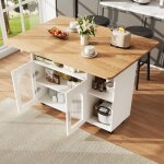 Buffet de cuisine extensible � roulettes - redom - plans de travail en grain de bois espace de rangement ...
