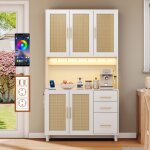 Buffet de cuisine haut bar � caf� meuble de rangement armoire cuisine en rotin avec led �tag�res r�glables ...