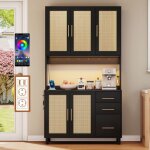 Buffet de cuisine haut bar � caf� meuble de rangement armoire cuisine en rotin avec led �tag�res r�glables ...