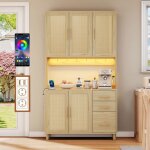 Buffet de cuisine avec led 2 prise de courant + 2 usb ports5 portes3 tiroirs rack r�glable100x40x183cm ...