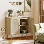 Buffet de cuisine meuble de rangement double portes avec 2 niveaux fa�ade en cannage 80 x 38 x 79 cm ...