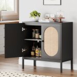 Buffet de rangement - noir - 80x40x82. 8cm - 2 portes - style scandinave - rotin naturel