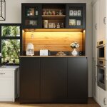 Buffet de cuisine - noir - �clairage led - portes acrylique - grand espace de rangement - 120x40x180 ...