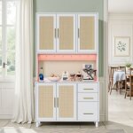 Buffet de cuisine - novlys - 100x183cm - avec led prise & usb - rangement en rotin 3 tiroirs & 4 portes ...