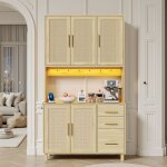 Buffet de cuisine - novlys - 100x183cm - avec led prise & usb - rangement en rotin 3 tiroirs & 4 portes ...