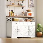 Buffet de cuisine rustique 140�35�95 cm blanc et bois avec 3 tiroirs 2 portes et espace de rangement ...