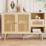 Buffet cuisine - tkopy - buffet bas salon avec 2 portes et 1 tiroirs - �tag�res r�glables - rotin - 120x40x80c ...
