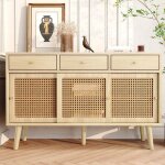 Buffet cuisine - tkopy - buffet bas salon avec 3 portes et 3 tiroirs - �tag�res r�glables - rotin - 120x40x78c ...