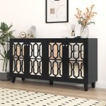 Buffet design avec 4 portes �tag�res r�glables et fa�ades miroir - meuble de rangement noir en mdf 160�40�84 ...