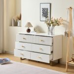 Buffet design contemporain - bahut 6 tiroirs avec poign�es dor�es - meuble de rangement mdf blanc - 120 ...