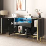 Buffet haut brillant 150x40x80 cm - redom - noir 4 portes 1 tiroir �clairage led accents dor�s mdf / ...