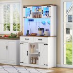 Buffet haut de cuisine 140x35x95cm meuble de rangement bois avec clairage led prises 4 portes 2 tiroirs ...