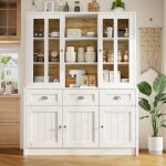 Buffet haut de cuisine armoire de rangement blanc meuble avec vitrines et tiroirs pour cuisine salle ...