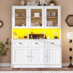 Buffet haut de cuisine meuble de rangement blanc armoire avec vitrines et tiroirs pour cuisine salle ...