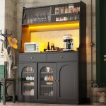 Buffet haut de cuisine noir avec led vaisselier armoire avec tiroirs et �tag�res r�glables 120 x 40 x ...