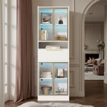 Buffet haut - novlys - 60x180cm - vitrine led bluetooth - 4 portes vitres & 1 tiroir - blanc & or