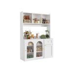 Buffet haut salle a manger - meuble vaisselier cuisine avec clairage led - armoire vitrine blanc - dimensions ...