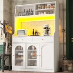 Buffet haut salle a manger - meuble vaisselier cuisine avec clairage led - armoire vitrine blanc avec ...
