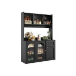Buffet haut salle a manger - meuble vaisselier cuisine avec clairage led - armoire vitrine nior - dimensions: ...
