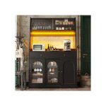 Buffet haut salle a manger - meuble vaisselier cuisine avec clairage led - armoire vitrine noir avec ...