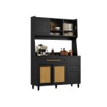 Buffet haut salle a manger - meuble vaisselier cuisine avec clairage led - armoire vitrine noir avec ...