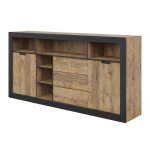 Buffet haut xl meunier ? 2 portes coulissantes 3 tiroirs & 6 niches ? chêne samdal & noir mat Buffet haut xl meunier ? 2 portes coulissantes 3 tiroirs & 6 niches ? chêne samdal & noir mat