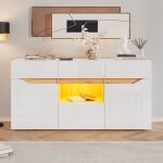 Buffet led 140x40x70cm - buffet � 4 tiroirs avec compartiments - sans poign�es - laqu� brillant - blanc ...
