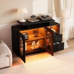 Buffet led modern noir - avec portes vitr�es ovales�tag�res r�glables et tiroirs de rangement - fa�ade ...