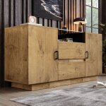 Buffet maisentiel design moderne effet ch�ne clair verre tremp� brun poign�es noires 140x40x70 cm