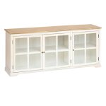 Buffet meuble de rangement avec 3 portes en bois naturel blanc et verre - longueur 180 x profondeur 45 ...