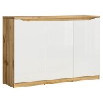 Buffet meuble de rangement � 3 portes coloris ch�ne wotan / blanc brillant - longueur 135 x profondeur ...
