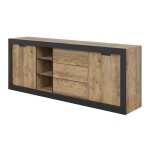 Buffet meunier ? 2 portes coulissantes & 3 tiroirs ? chêne samdal & noir mat ? 220×85×45 cm Buffet meunier ? 2 portes coulissantes & 3 tiroirs ? chêne samdal & noir mat ? 220×85×45 cm