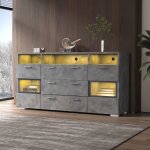 Buffet moderne gris avec clairage led 2 portes acrylique 3 tiroirs meuble bas casier armoire de cuisine ...