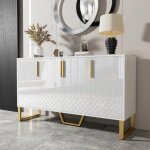 Buffet moderne haute brillance - motifs relief - charni�res amorties & pieds m�tal - blanc - pour salon ...